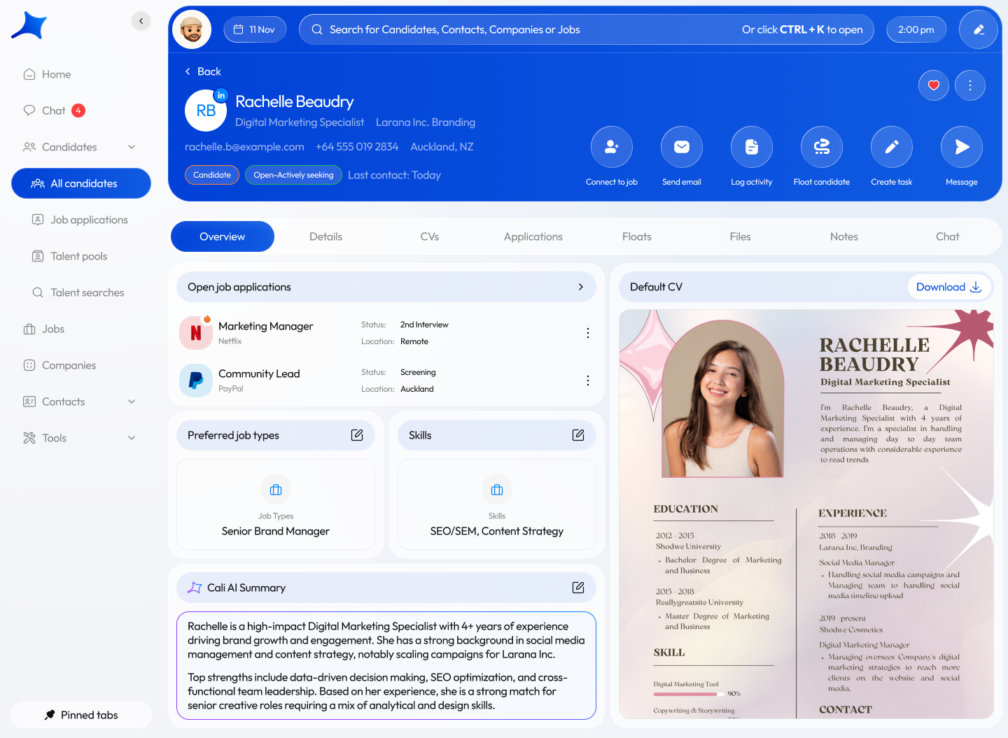 Candidate record with CV, applications, notes and contact actions